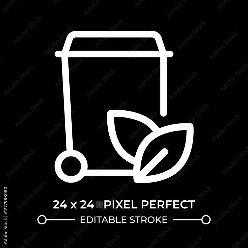 Poster Trash can with leaves line ui icon isolated on black. Sustainable waste management. Litter recycling process. Garbage processing. Vector outline symbol. User interface element dark mode, pixel perfect