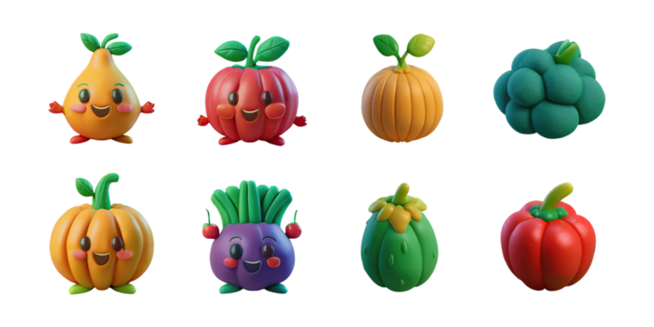 Colorful Cartoon Fruits and Vegetables with Smiling Faces
