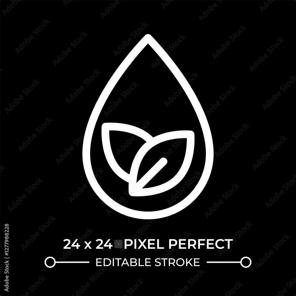 Poster clean water line ui icon isolated on black. liquid drop with leaves. freshwater sources protection. 