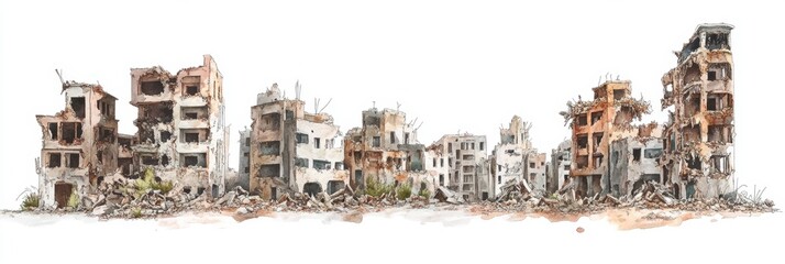 Obraz premium Destroyed city block, rubble, war aftermath, isolated, white background