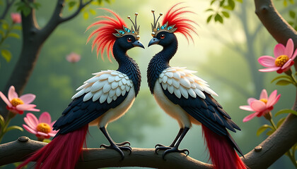 Obraz premium Two colorful fantasy birds in a romantic pose surrounded by blooming flowers in a lush garden 