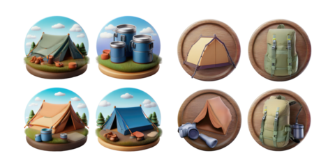 Colorful Camping Icons Featuring Tents, Gear, and Scenery Elements