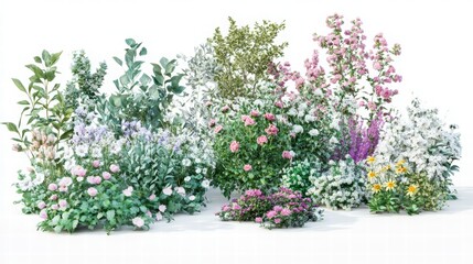 A set of bushes with flowers in different shapes. A set of different types and sizes of bushes with flowers, greenery on a white background
