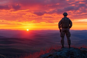 Fototapeta premium Soldier watches sunset over mountains during evening patrol in a remote area