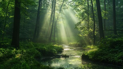 Fototapeta premium Misty Lush Forest at Dawn: Ethereal Sunlight Beams Through Towering Trees and Vibrant Green Undergrowth