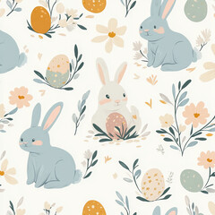 Whimsical Easter Pattern with Playful Bunnies, Colorful Decorated Eggs, and Spring Flowers, Ideal for Holiday Designs, Textiles, and Easter Decorations