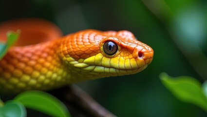 Obraz premium A vibrant orange and yellow snake, with intricate scales and striking eyes, rests on a branch amidst lush green foliage, its gaze captivating and intense.