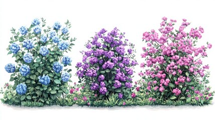 Naklejka premium A set of bushes with flowers in different shapes. A set of different types and sizes of bushes with flowers, greenery on a white background