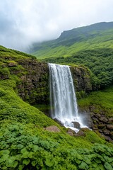 Fototapeta premium oxygen overcast billow Majestic Waterfall Amidst Overcast Skies