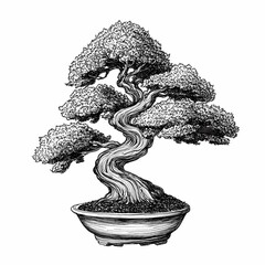 Artistic representation of a twisted bonsai tree in a simple pot with intricate detailing