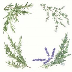 Herb illustrations in a simple botanical arrangement showcasing rosemary, thyme, and lavender with a neutral background