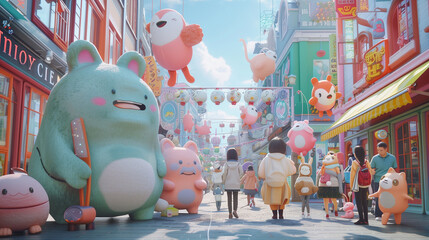 A pastel-hued street scene where people walk tiny, cartoonishly oversized stuffed animals on leashes, creating a surreal and whimsical atmosphere full of playfulness.
