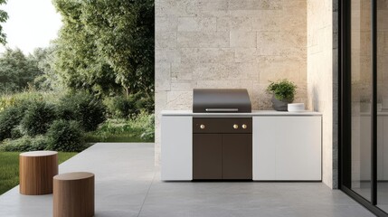 Luxury outdoor kitchen with hidden retractable appliances and a sleek, seamless design