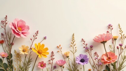 Fototapeta premium A Delicate Arrangement of Pastel Blossoms and Wildflowers on a Light Background