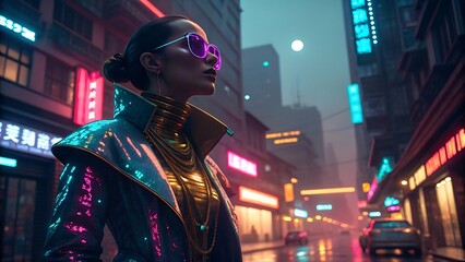 Obraz premium Hyper-Realistic Cyberpunk AI Model with Neon Cityscape