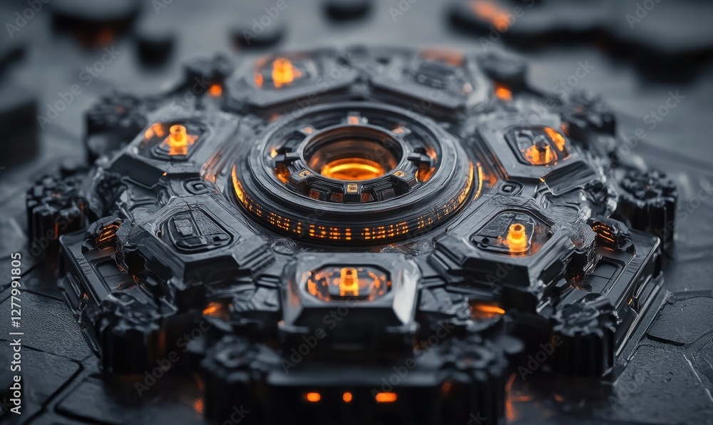 Poster intricate futuristic device with glowing orange elements on a textured dark surface, showcasing adva
