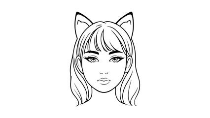 cute girl with animal ears outline vector simple illustration