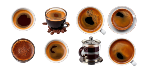 Various Coffee Types and Preparations in Decorative Cups and Mugs