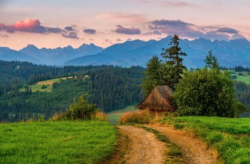 Mountain landscape at sunrise with a dirt road and an old wooden house on a mountain meadow,...