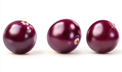 Three glossy purple grapes arranged in a row on a clean white background, showcasing their freshness
