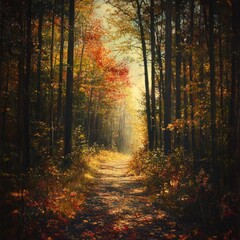 Fototapeta premium Serene Forest Pathway: Golden Autumn Leaves and Dappled Sunlight in a Vibrant Nature Scene