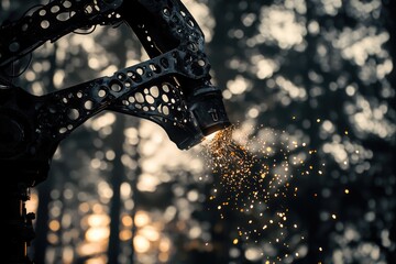A robotic arm, intricate and dark, sparks fly as it works against a blurred forest background.