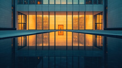 Federal Reserve building on a calm, reflective evening. Featuring financial stability and policy control