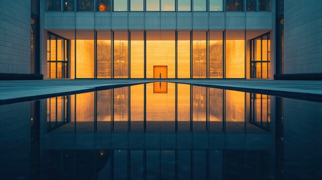 Federal Reserve building on a calm, reflective evening. Featuring financial stability and policy control
