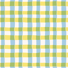 Abstract vector seamless pattern multicolored checkered pattern, distorted colorful chess pattern on a light background, hand drawn illustration, flat style. Bright striped wallpaper