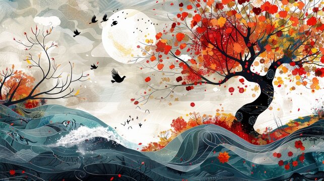 Autumnal landscape with waves, full moon, and birds