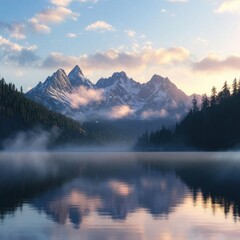Serene Mountain Lake at Sunrise: Misty Reflections of Snow-Capped Peaks in a Tranquil Setting