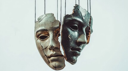 A surrealist collage of a broken theater mask of tragedy and comedy, with puppet strings hanging down from each side. One half of the mask is suspended by a string, while the other half is also