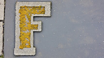 Moss-Covered Concrete Letter 'F' on Pavement: Nature Meets Urban Design