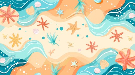 Beach scene, seashells, starfish, flowing water, summer vibes, top view