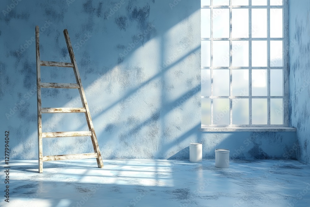 Aufkleber sunlit room with rustic ladder and large window casting shadows