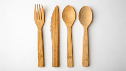 Wooden Cutlery Set on White Background