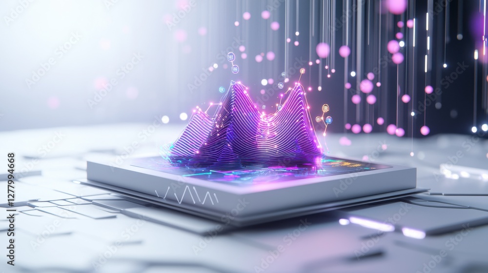 Poster glowing futuristic prism hologram backdrop with neon particle motion effects for digital art or visu