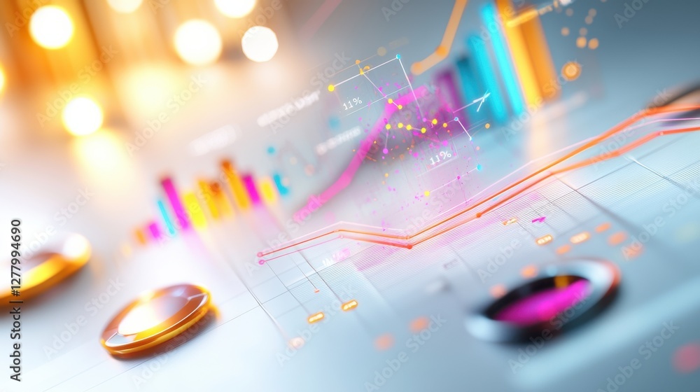 Poster colorful digital data analytics dashboard with abstract financial graphs and charts