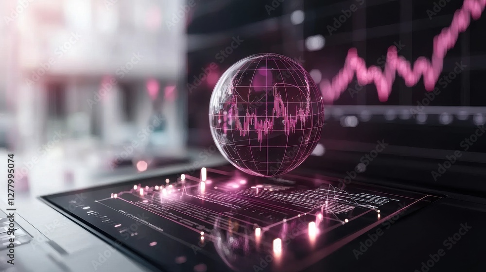 Poster futuristic holographic global financial data visualization dashboard on tech interface