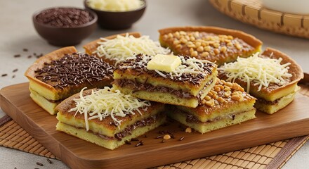 Delicious Martabak Manis Sweet Pancakes with Chocolate, Nuts and Cheese