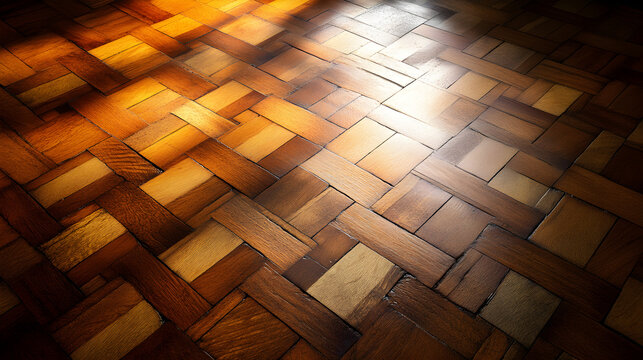 Textured parquet flooring in geometric patterns under soft light