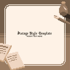 Obraz premium Pixel Art Vintage Style Sepia Note Frame Template Background with Paper and Ink Bottle