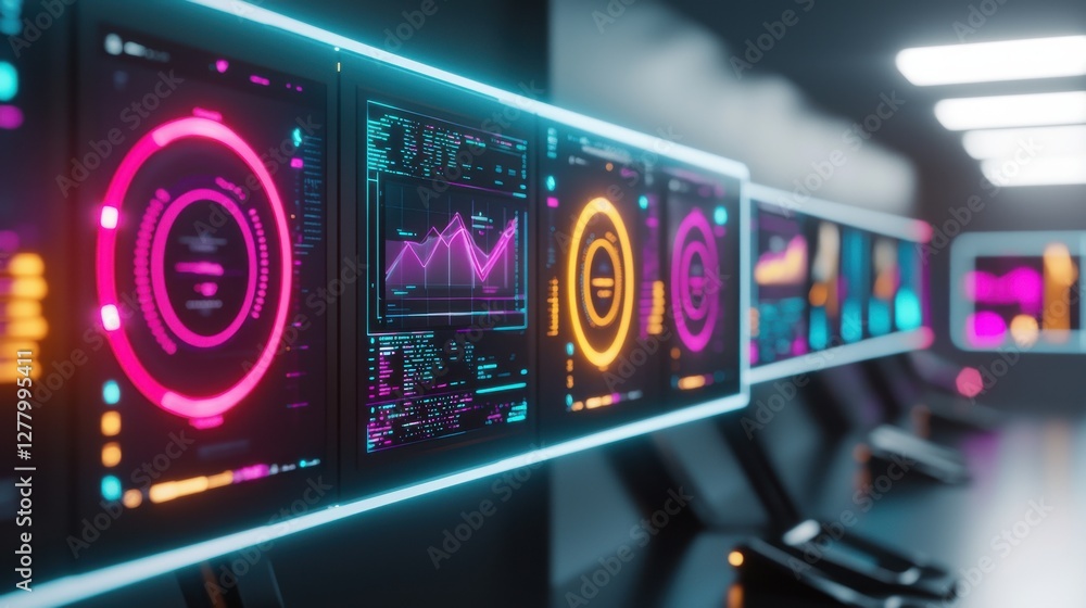 Poster futuristic digital dashboard with neon charts and graphs for financial analytics