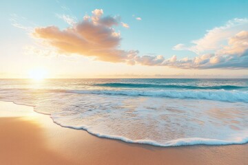 Golden Sunset Beach Scene, Soft Waves on Sandy Shore