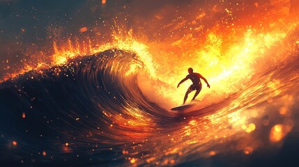 Naklejka premium A surfer catching a wave at sunset, glowing water reflections