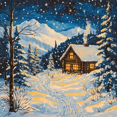 Cozy Wooden Cabin in Serene Winter Landscape: Snow-Covered Pines and Golden Light