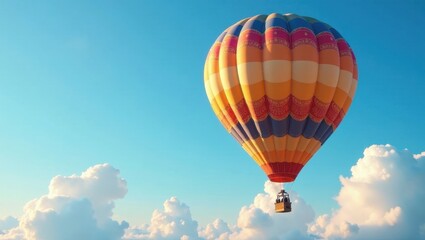 Naklejka premium A Colorful Hot Air Balloon Soaring Through a Vivid Blue Sky Above Fluffy White Clouds, a Symbol of Adventure and Freedom