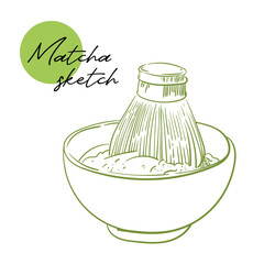 Matcha tea vector sketch drawing. Bowl with matcha powder, and bamboo whisk sketch. Hand-drawn Asian drink elements in a outline style