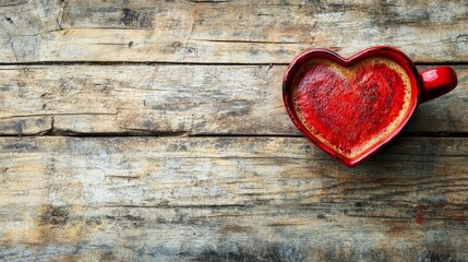 Fototapeta premium Red heart-shaped mug on rustic wooden background