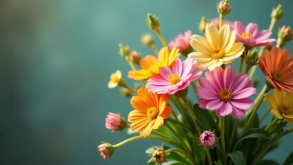 Fototapeta premium A vibrant bouquet of cheerful, multicolored daisies basking in soft sunlight, creating a delightful and uplifting floral arrangement